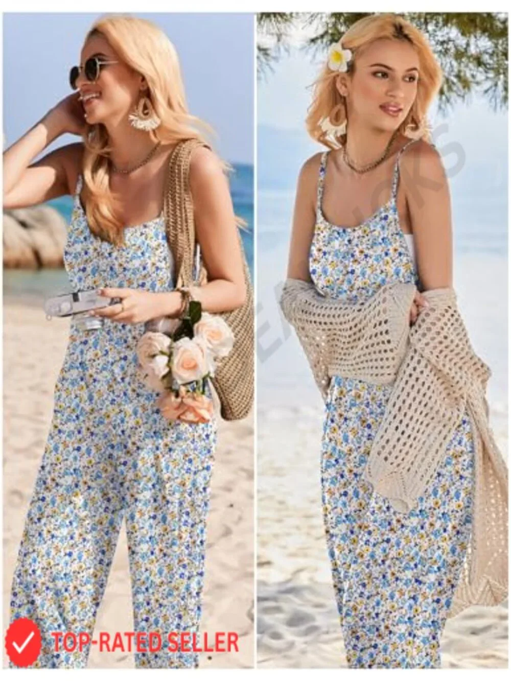 Floral Boho Jumpsuit for Women Wide Leg Summer Sleeveless Romper with Pockets